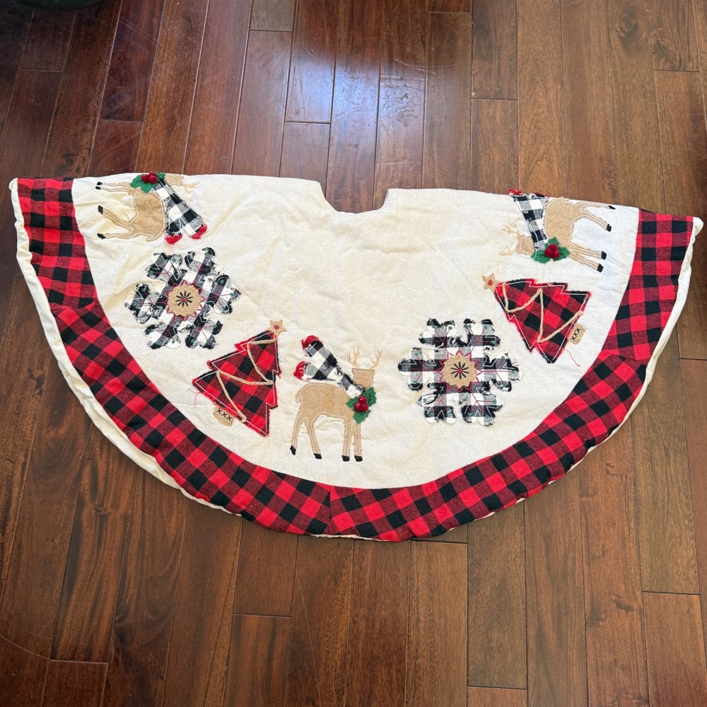 Martha Stewart‎ Christmas Tree Skirt Buffalo Plaid Deer Rustic Farmhouse 48"